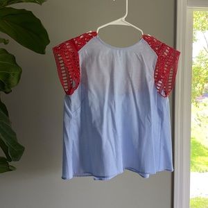 Maeve |  NWT Blue & White Striped Red Crochet Top